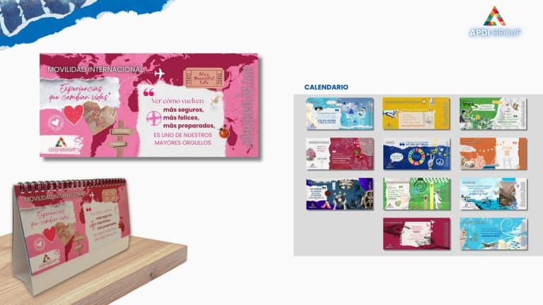 Image of the new APDI Group corporate calendar as part of the company's rebranding, showing the cover of "International Mobility" and the interior design with the new visual identity.